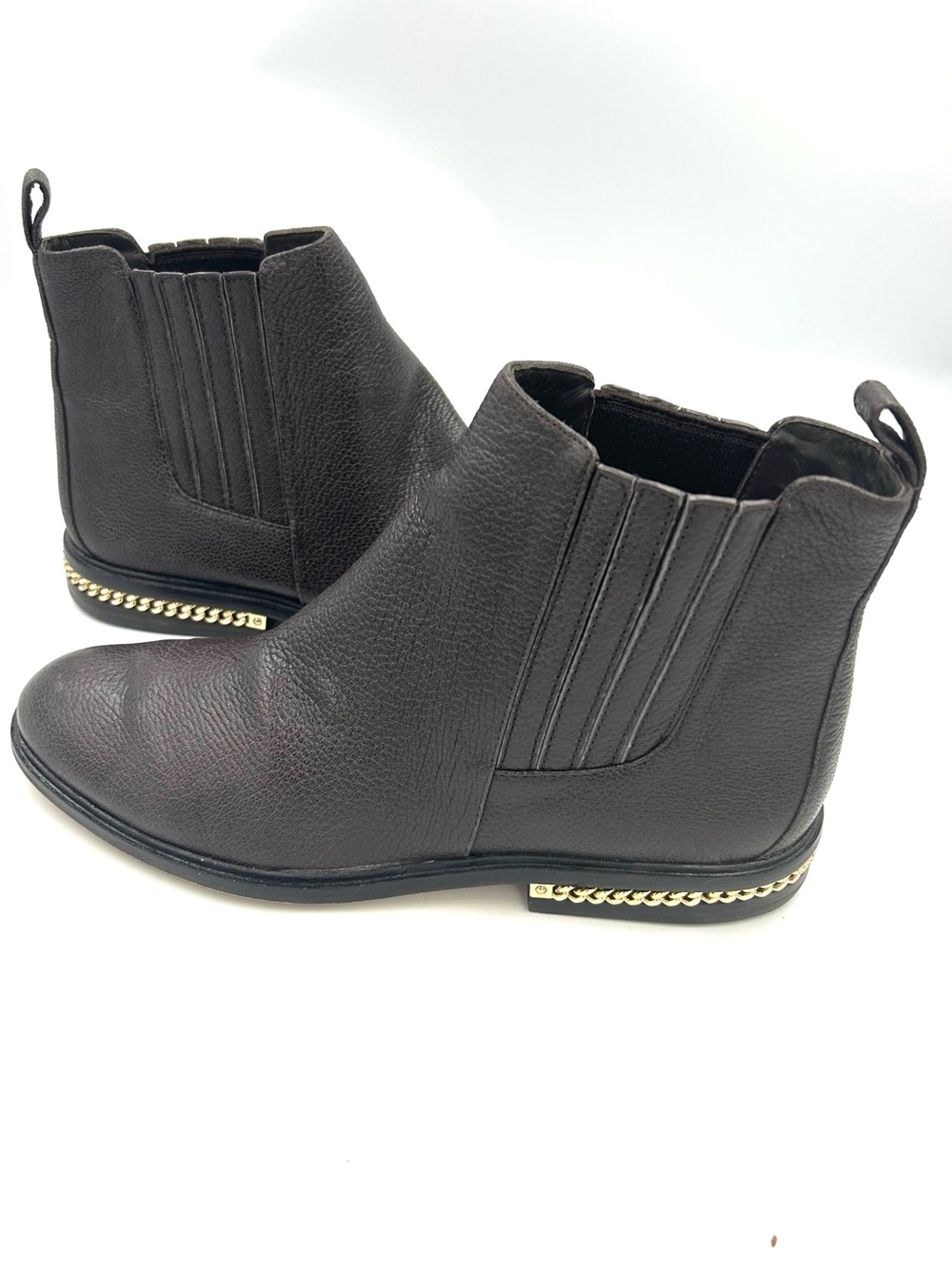 MICHAEL KORS Dark Brown Pebbled Leather Sabrina Boots w/ Gold Chain Heel Size 7M